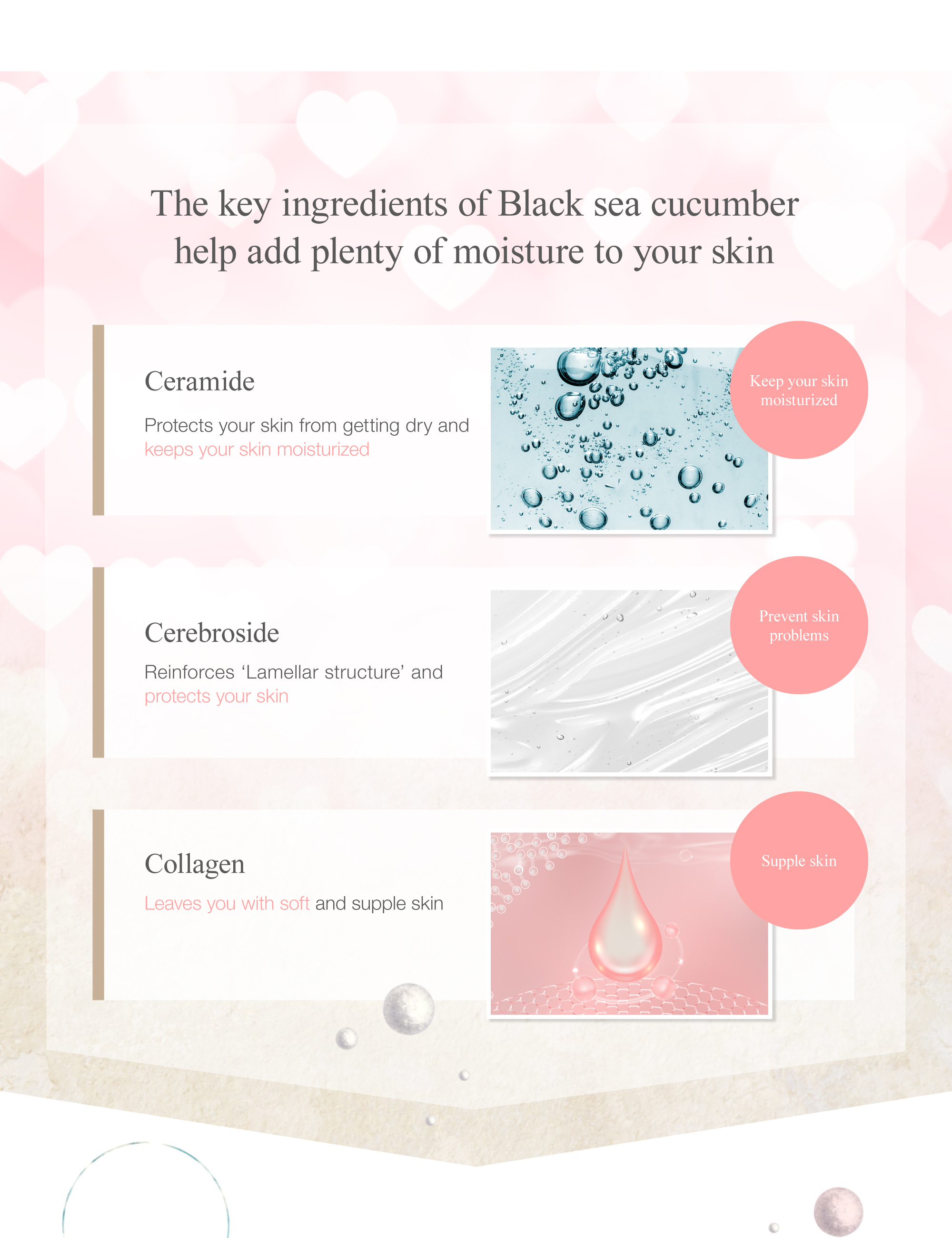 The key ingredients of Black sea cucumber help add plenty of moisture to your skin