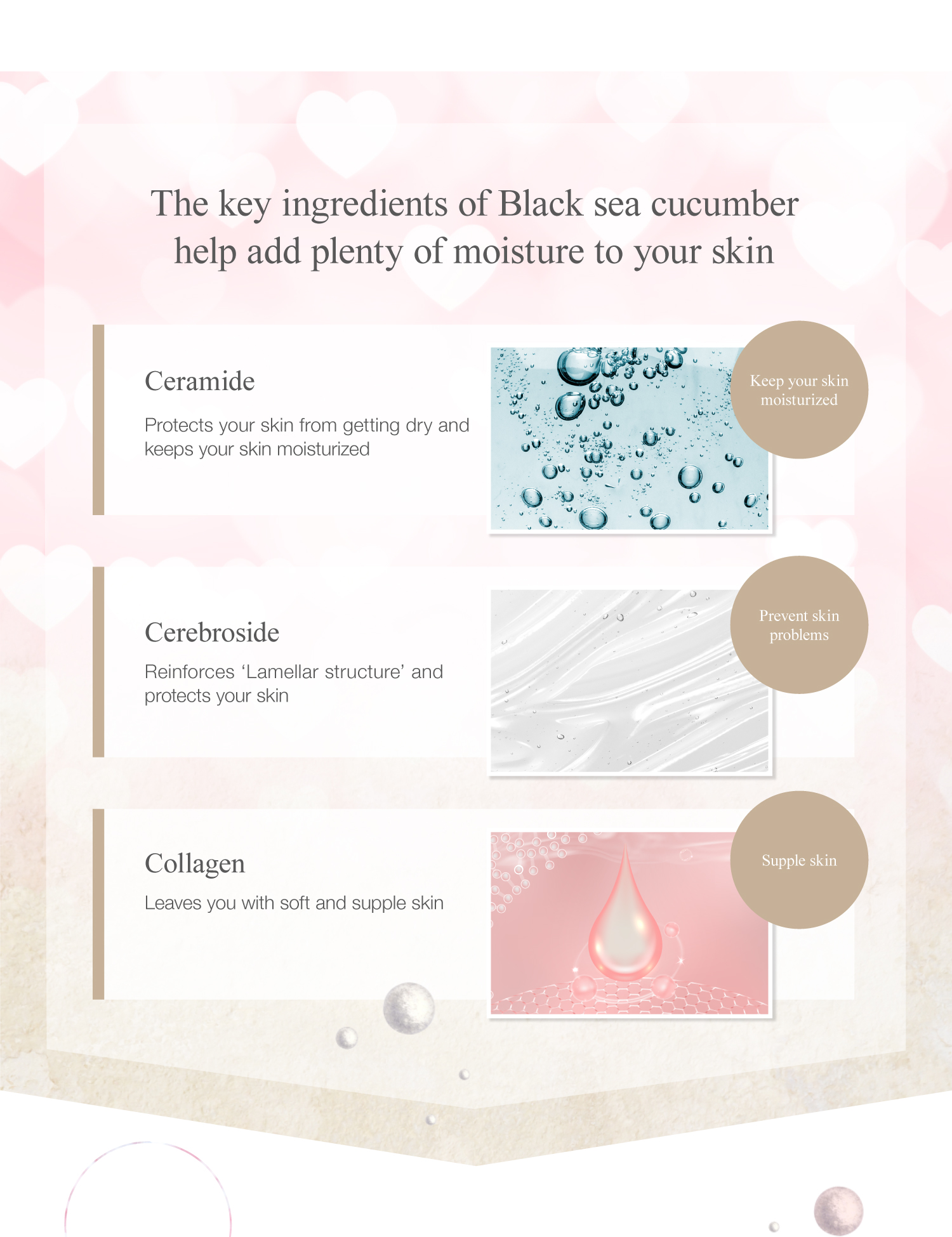 The key ingredients of Black sea cucumber help add plenty of moisture to your skin