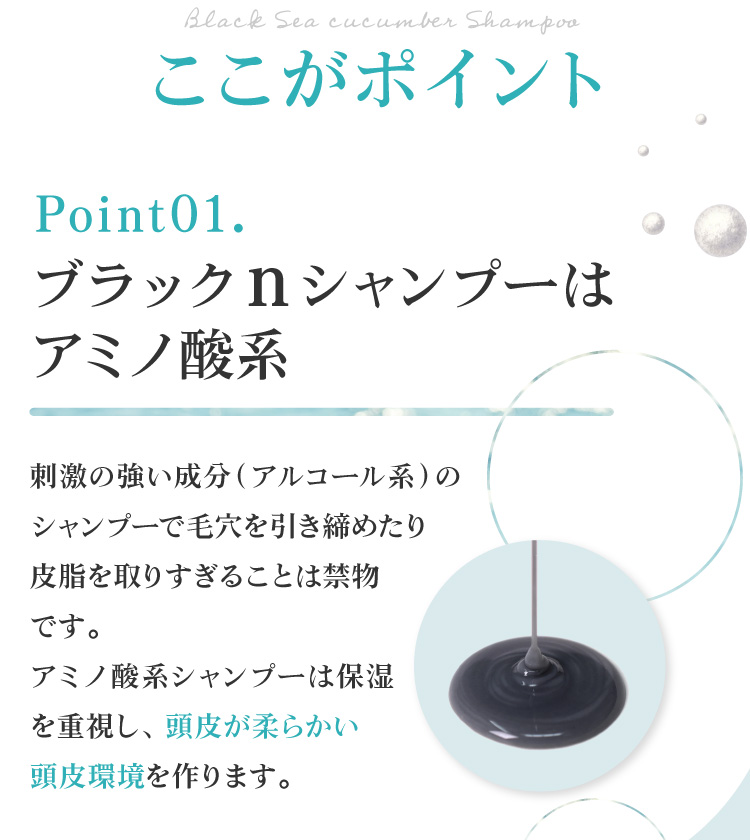 黒なまこのシャンプーはアミノ酸系。保湿に秀でて、頭皮が柔らかい頭皮環境を作ります。